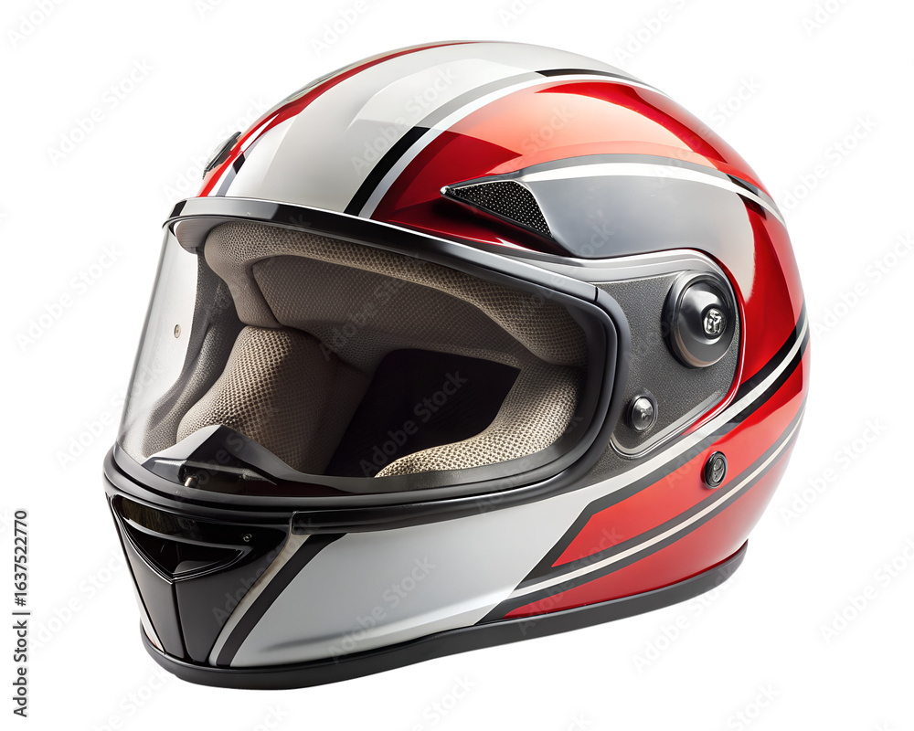 Fototapeta premium Red white and black striped full face motorcycle helmet with clear visor isolated on transparent background