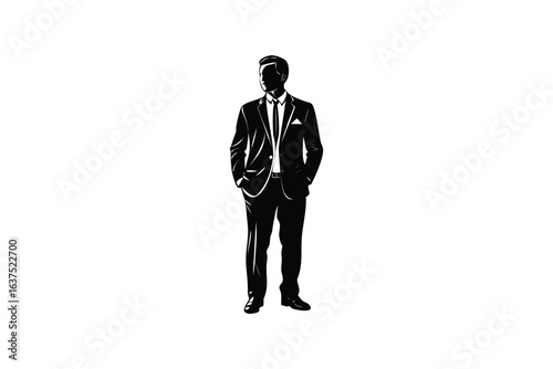 Professional silhouette of a man in a suit exuding confidence and sophistication with a neutral expression and hands in pockets set against a clean white
