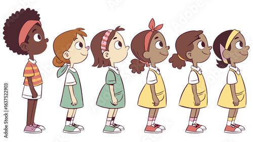 Diverse Children in a Row Profile View in School Uniforms.