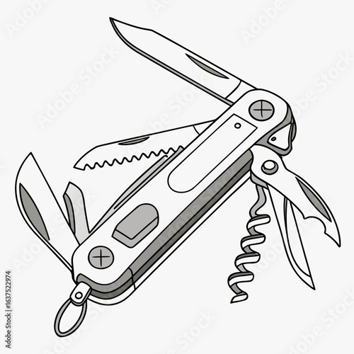Detailed illustration of a versatile multi tool pocket knife with multiple open blades and tools