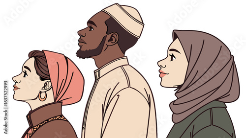 Diverse Group of People in Profile with Head Coverings.