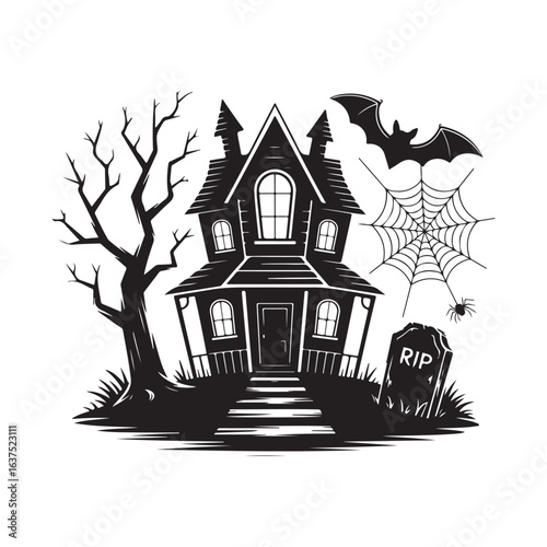 Spooky Halloween Haunted House with Bat Spider and RIP Tombstone