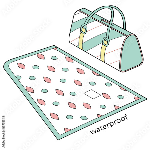 A stylish waterproof picnic blanket with a patterned design and a matching striped duffel bag