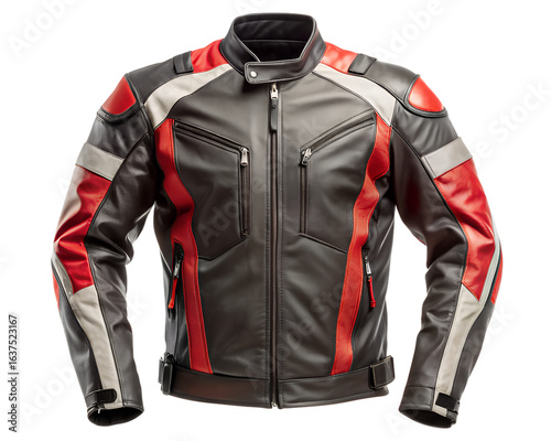 Stylish black, red, and white leather motorcycle racing jacket isolated on transparent background