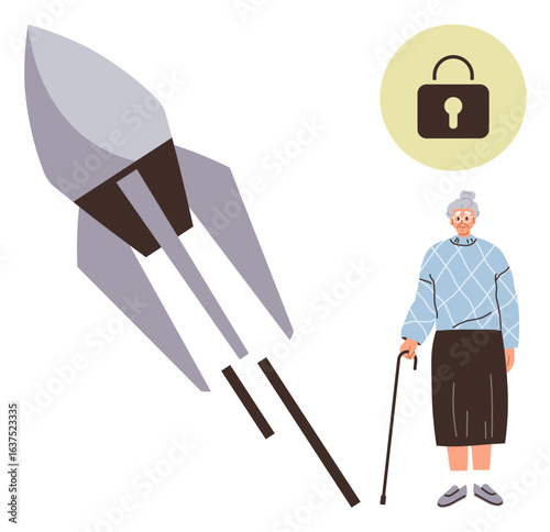 Elderly woman standing with cane, large rocket symbol, and padlock icon. Ideal for technology, accessibility, security, innovation, generational gap, digital literacy simple flat metaphor