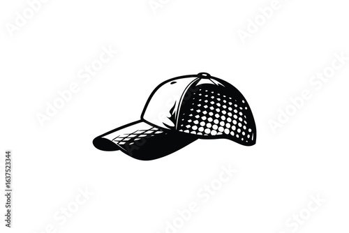 A black and white illustration of a baseball cap with a silhouette style design featuring a mesh back and a curved brim set against a