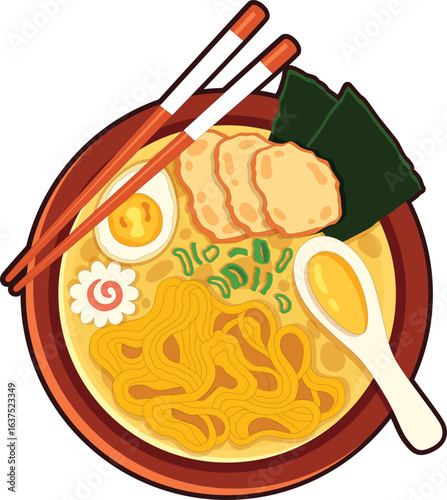 vector illustration of a ramen bowl with sausages and boiled eggs