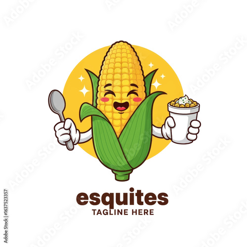 Cartoon Corn Mascot Character with Esquite Snack and Spoon Logo 3D Vector Illustration