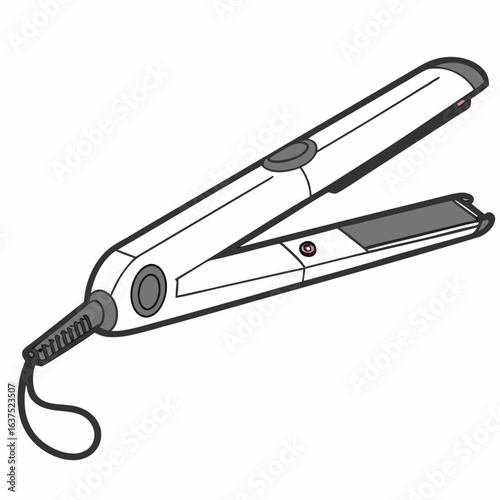 A modern white hair straightening iron with gray plates and a black cord isolated on a white background