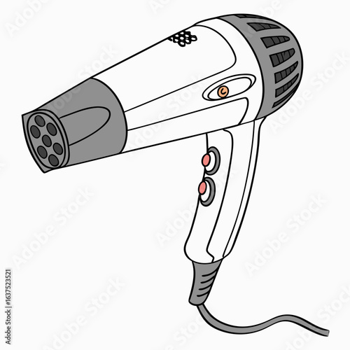 A simple illustration of a white and gray electric hair dryer with a black cord on a white background