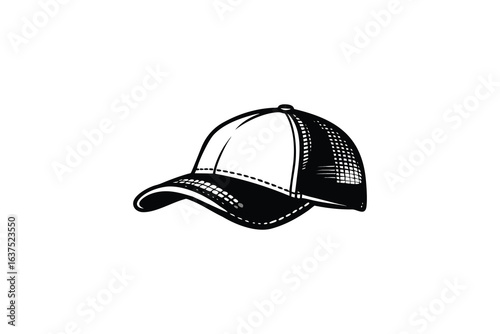 digital colorful vibrant crisp clean stylish elegant modern detailed professional high quality Silhouette Style Baseball Cap with Deco Mesh and Stitching Detail in Black and White