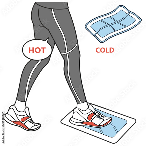 Athlete experiencing hot sensation in leg while stepping on cold therapy pad for recovery