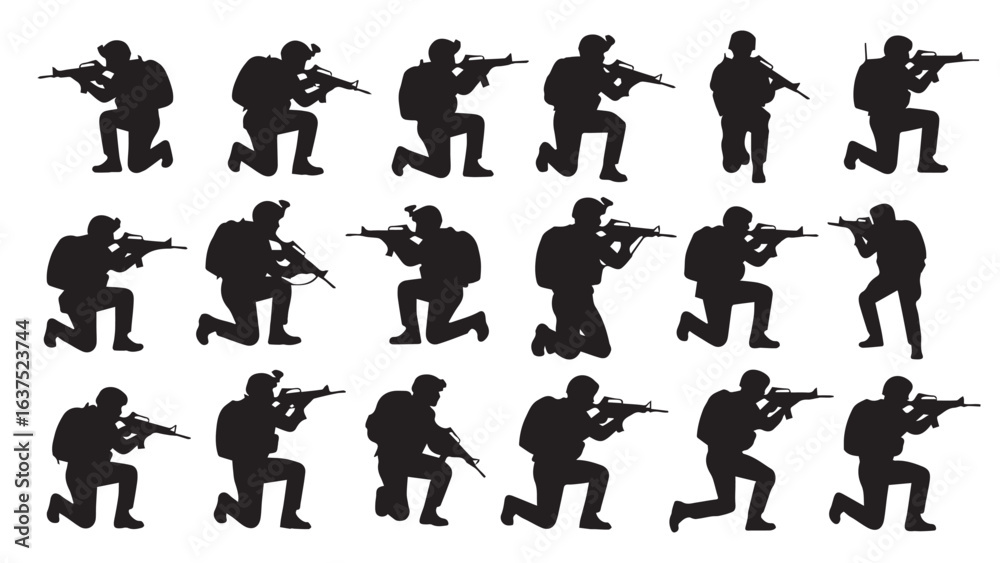 Φωτογραφία Silhouette Army Soldiers in Shooting Stance with Rifles Uniformed Combatants Tac