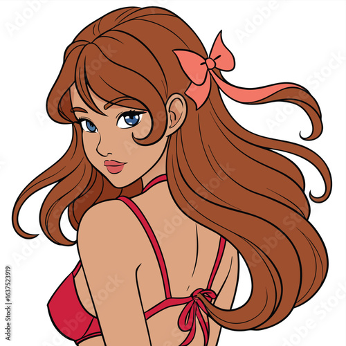 Anime girl with long brown hair and blue eyes wearing a red bikini and pink bow woman