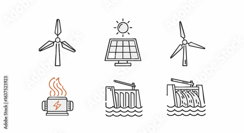 Set of renewable energy icons including wind, solar, hydro, and geothermal power line art.