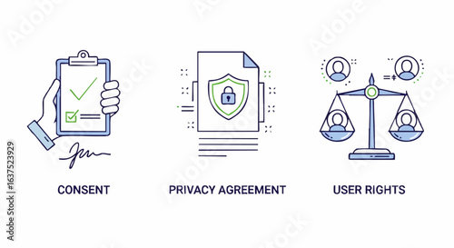 Vector icons for digital privacy agreements, user consent, and consumer data rights.