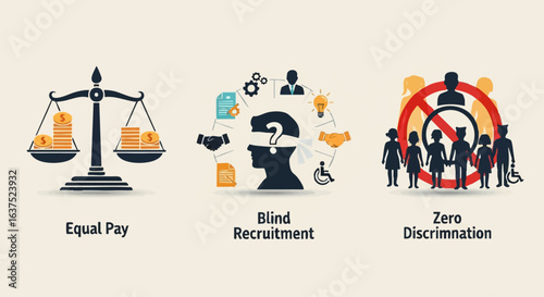 Modern principles for workplace equality, featuring fair pay, blind recruitment, and non-discrimination.
