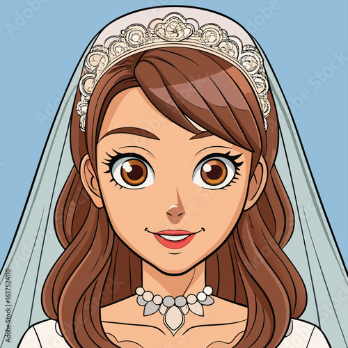 Anime style portrait of a bride with brown hair wearing a wedding veil tiara and pearl necklace