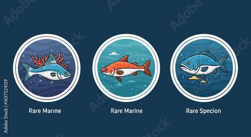 A stylized collection of rare marine fish icons. Vector graphic elements for aquatic themes.