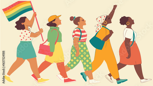 Five Diverse Women Walking in a Pride Parade.