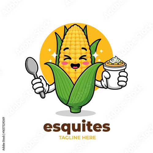 Cartoon Corn Mascot Character with Esquite Snack and Spoon Logo 3D Vector Illustration