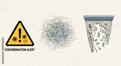 Concept of environmental pollution with a contamination alert sign, tangled microfibers, and a broken wastebasket.