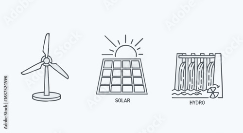 Line art icon set of sustainable energy featuring a wind turbine, solar panel, and hydro dam.