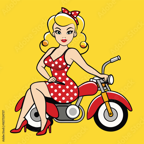 Blonde pin up girl in red polka dot dress riding a red motorcycle retro vintage