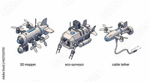 A collection of advanced underwater drones for 3D mapping and environmental surveying