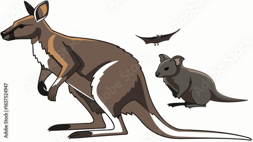 Illustrated Wallaby RatKangaroo and Bat Trio.