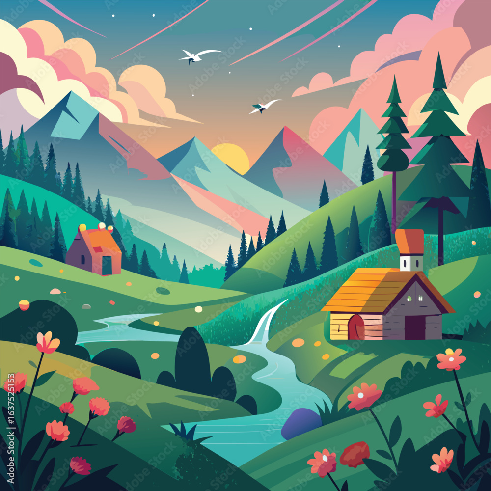 Naklejka premium Nature Escape Illustration with a Trail Through Flowers Leading to a Hillside Cottage and Forest Silhouettes