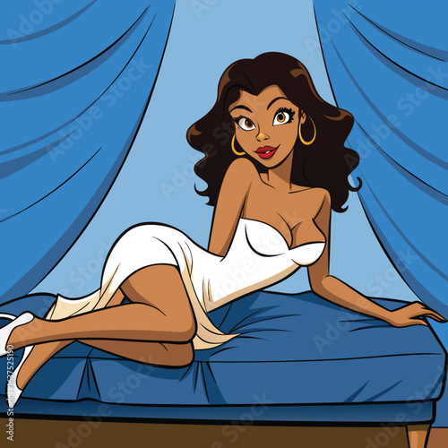 Cartoon Pinup Woman in White Dress Lying on Blue Bed vintage retro