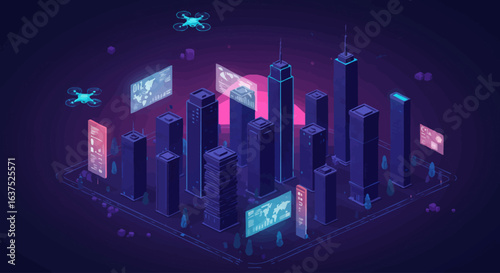 Neon futuristic cityscape illustration with automated drones and holographic interfaces