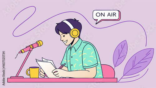 Smiling Podcaster Recording with Microphone Headphones and Notes.