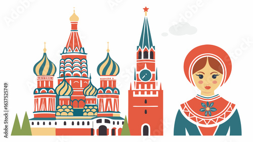 Saint Basils Cathedral Spasskaya Tower and Russian Woman in Traditional Headdress.