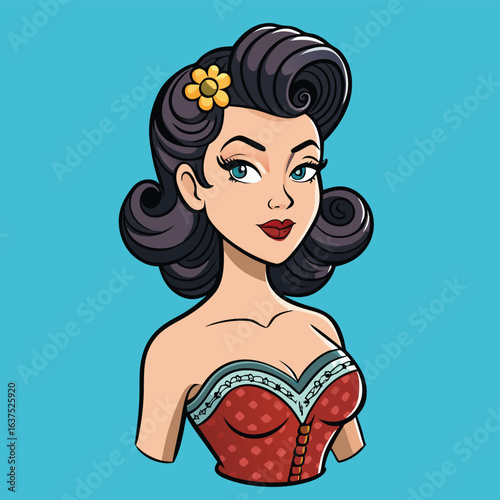 Pin up girl with dark hair and red polka dot top on blue background retro vintage