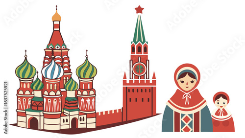 Stylized Russian Architecture and Matryoshka Dolls Illustration.