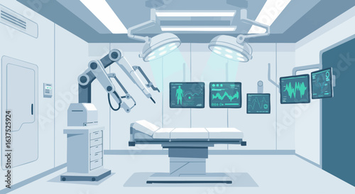 Futuristic operating room with robotic surgery arm and advanced medical monitors.