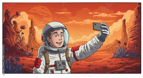 Futuristic illustration of a cheerful astronaut taking a selfie on a red alien planet.