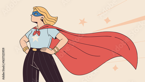 Superwoman in Red Cape Confident Pose Blonde Hair.
