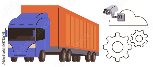 Cargo truck and security camera with cloud and gear symbols indicating logistics, safety, supply chain, optimization, automation, fleet management, and technological innovation. Simple flat metaphor