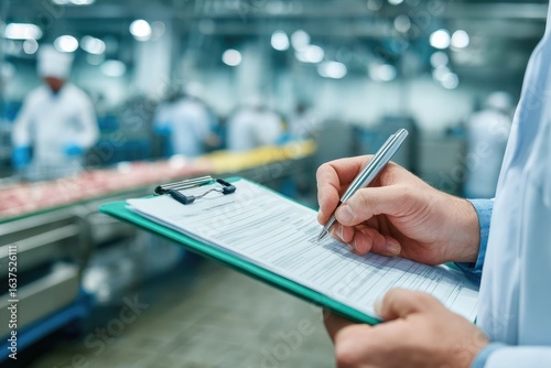 Food factory worker fills out quality control form