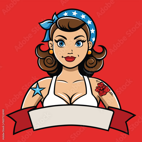Retro Pin Up Girl With Star Bandana And Tattoos Holding A Banner vintage 1950s