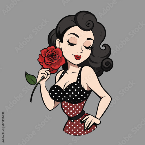 Retro Pin Up Woman Holding A Red Rose With Polka Dot Dress pin up girl vintage