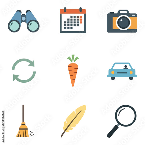 Art of collection of flat design icons isolated on white background, featuring symbols for travel, calendar, photography, food, transportation, and cleaning