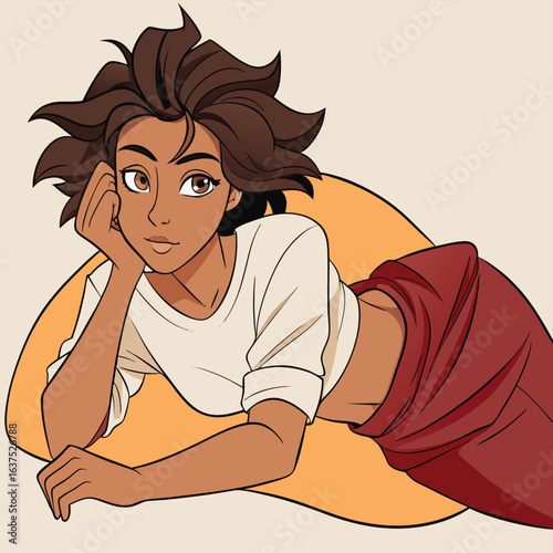 Young Woman with Brown Hair Lying Down with Hand on Chin girl reclining