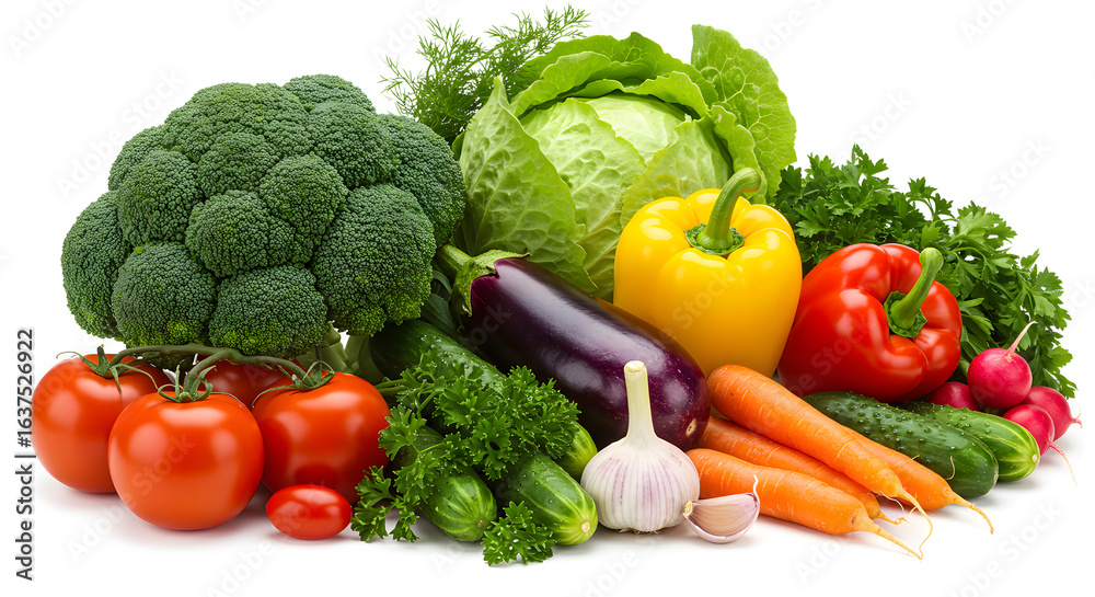 A vibrant assortment of fresh healthy vegetables arranged together A vibrant assortment of fresh healthy vegetables arranged together