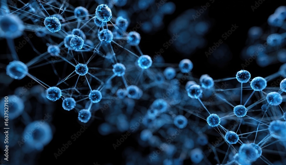 Obraz premium Abstract molecular structure. Dark background with many interconnected, blue spheres and lines
