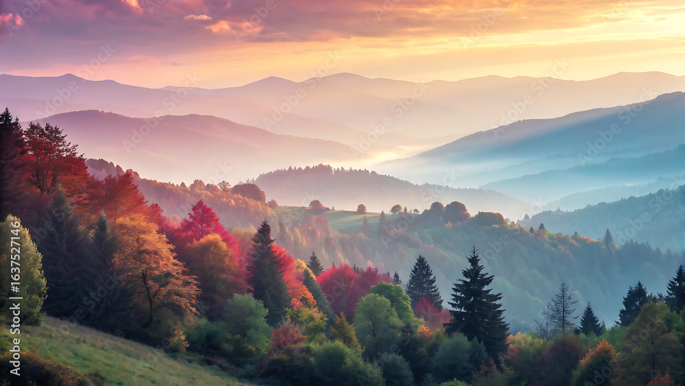 Obraz premium A breathtaking vista unfolds as the morning sun paints the autumn landscape with vibrant colors, illuminating the misty mountains and the lush forests below