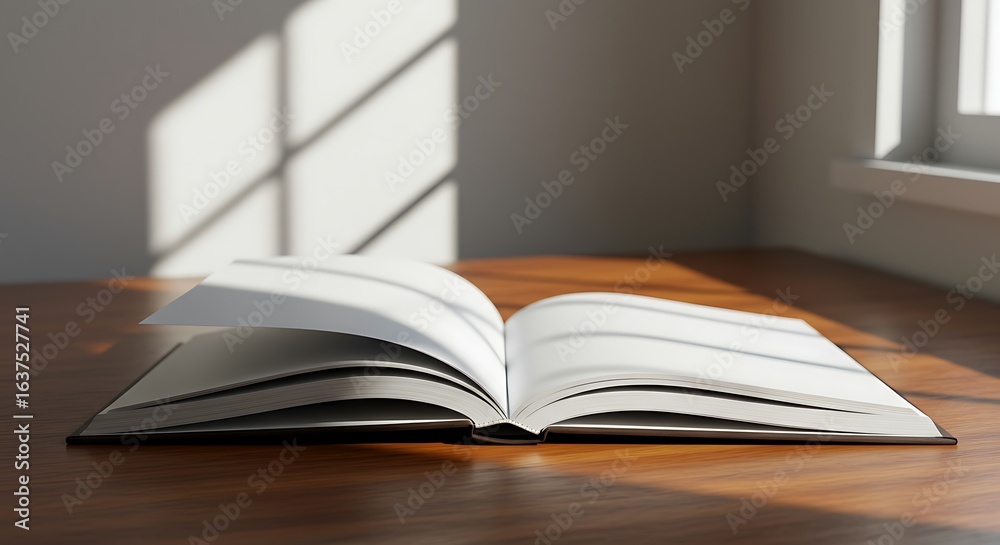 Fototapeta premium Open book on wooden desk bathed in warm sunlight, casting inviting shadows, perfect for study or storytelling